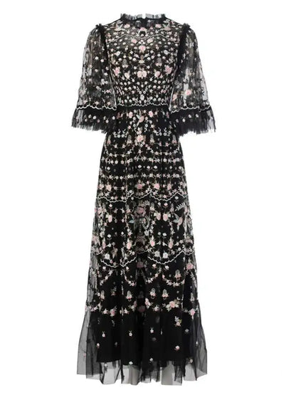 IEQJ Printing Embroidered Fales Design Dresses For Women Round Neck Short Sleeve High Waist Elegant Dress Autumn 2025 3WM1391