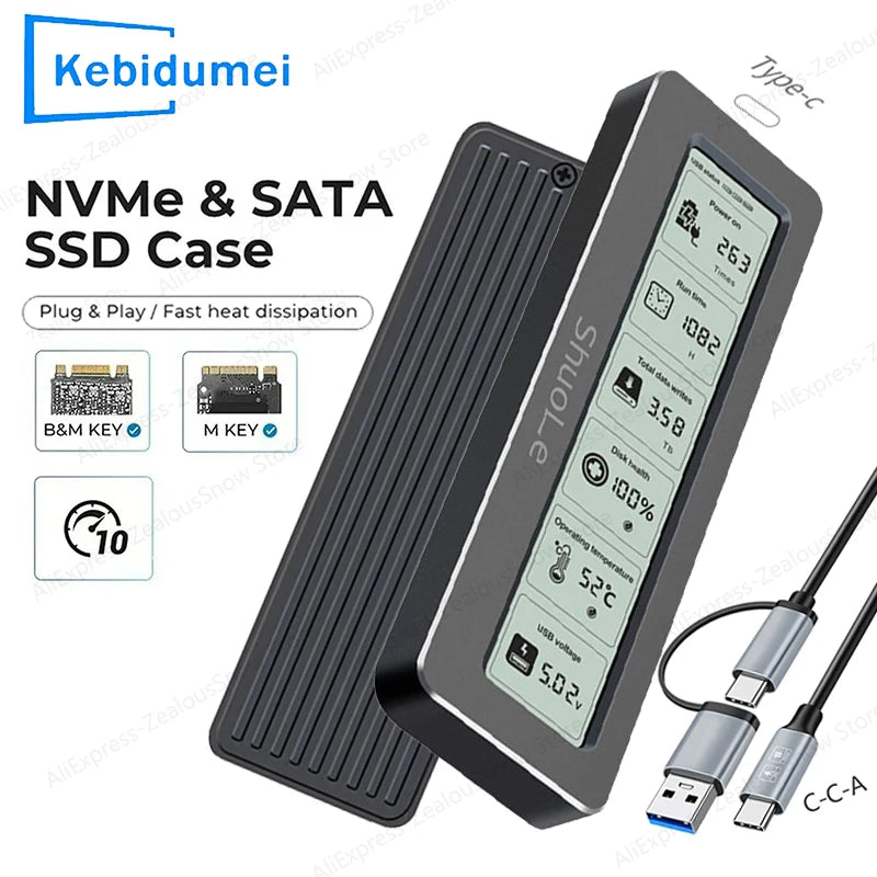 M.2 NVME/NGFF Dual Protocol SSD Enclosure Visual Smart SSD Case Health Detection USB 3.2 Gen 2 10Gbps Aluminum Alloy PCI-E Shell