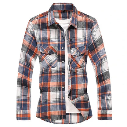 2026 New Men's Long Sleeved Plaid Shirt, with Two Chest Pockets Single Breasted Lapel Cotton Shirts Big Size Male Top Chemise