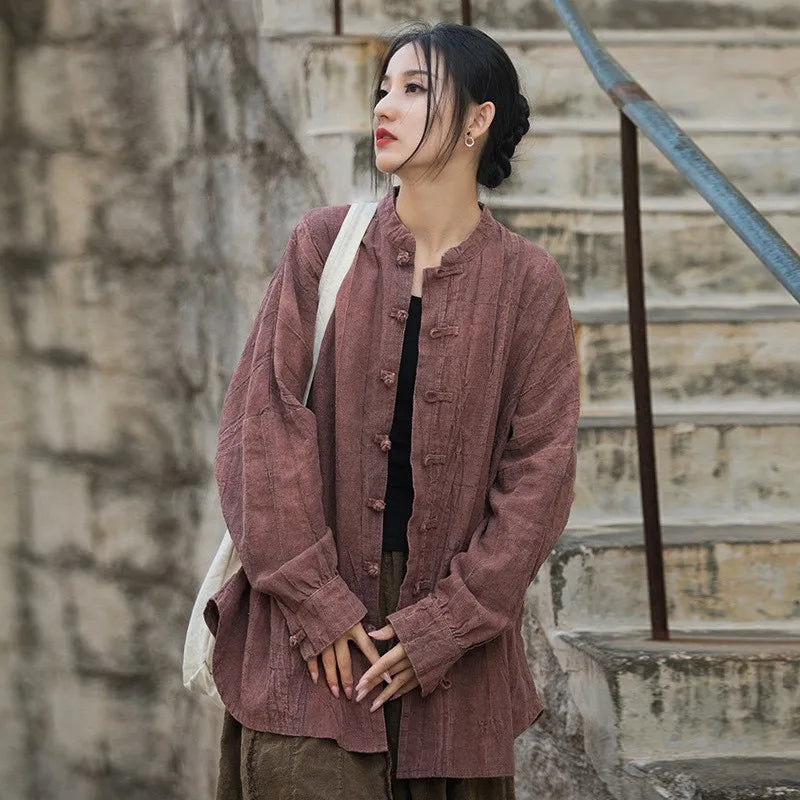 Johnature Women Vintage Ramie Shirt Jackets Stand Long Sleeve High Quality Coats 2025 Autumn New Button Loose Women Jackets