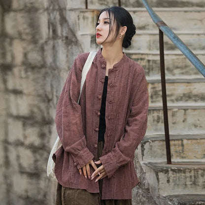 Johnature Women Vintage Ramie Shirt Jackets Stand Long Sleeve High Quality Coats 2025 Autumn New Button Loose Women Jackets