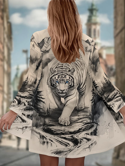 Women's Winter Jacket with 3D Tiger and Lion Animal Prints, Front-Opening Loose Fit Cape, Casual Polyester Women's Clothing