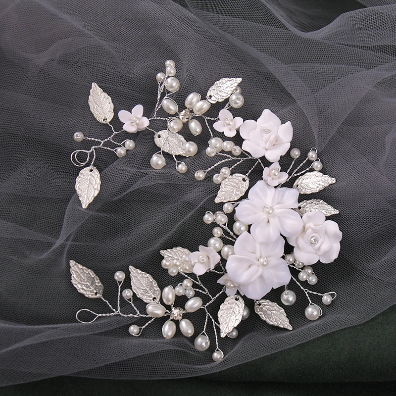 Ceramic Flowers Wedding Headbands for Bride Crystal Pearls Hairbands Women Hairpins Bridal Headpiece Hair Jewelry Accessories