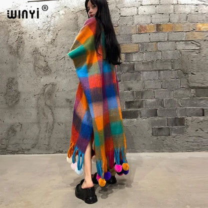 WINYI Winter Plaid color cloak High Quality poncho Long Loose OverCoat Thick Warm Female coat for women Hanging ball cardigan