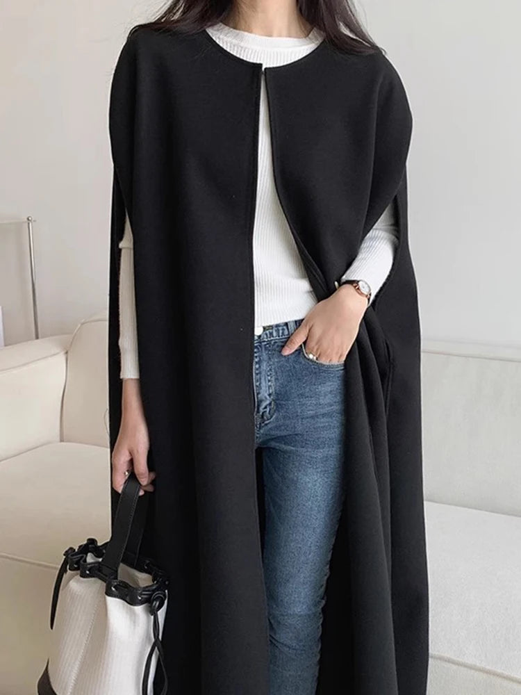 Chic Autumn Winter Loose Coat Sle Pure Color Long Women's Vest Jaet Korean Version Commute Sle Long Sve round Ne