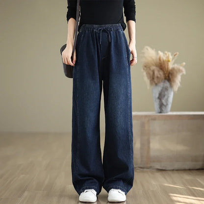 6294 Full Length Straight Basic Jeans Women Korean Style Elastic Waist Solid Color Simple Loose Casual Denim Pants Daily Trouser
