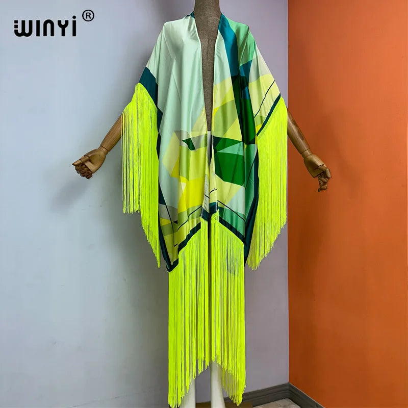 WINYI kimono cover-ups summer boho print Bikini Cover-up Elegant fashion Cardigan sexy Holiday long Sleeve tassels maxi dress