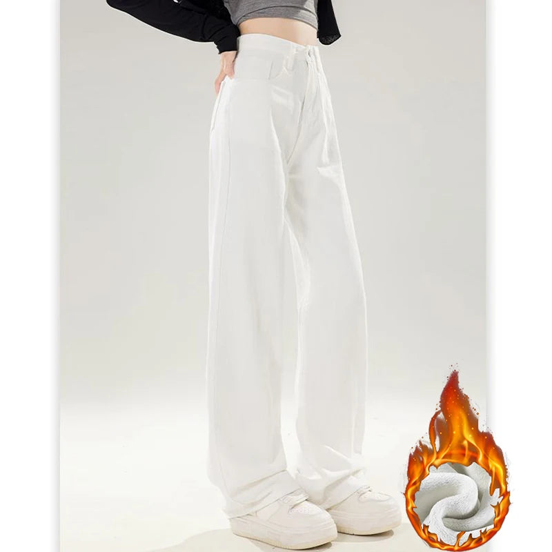 Winter Girls Thermal Fleece High Waist Jeans Lady Snow Warm Plush Denim Pants Women Classic Fashion Straight Leg Trousers
