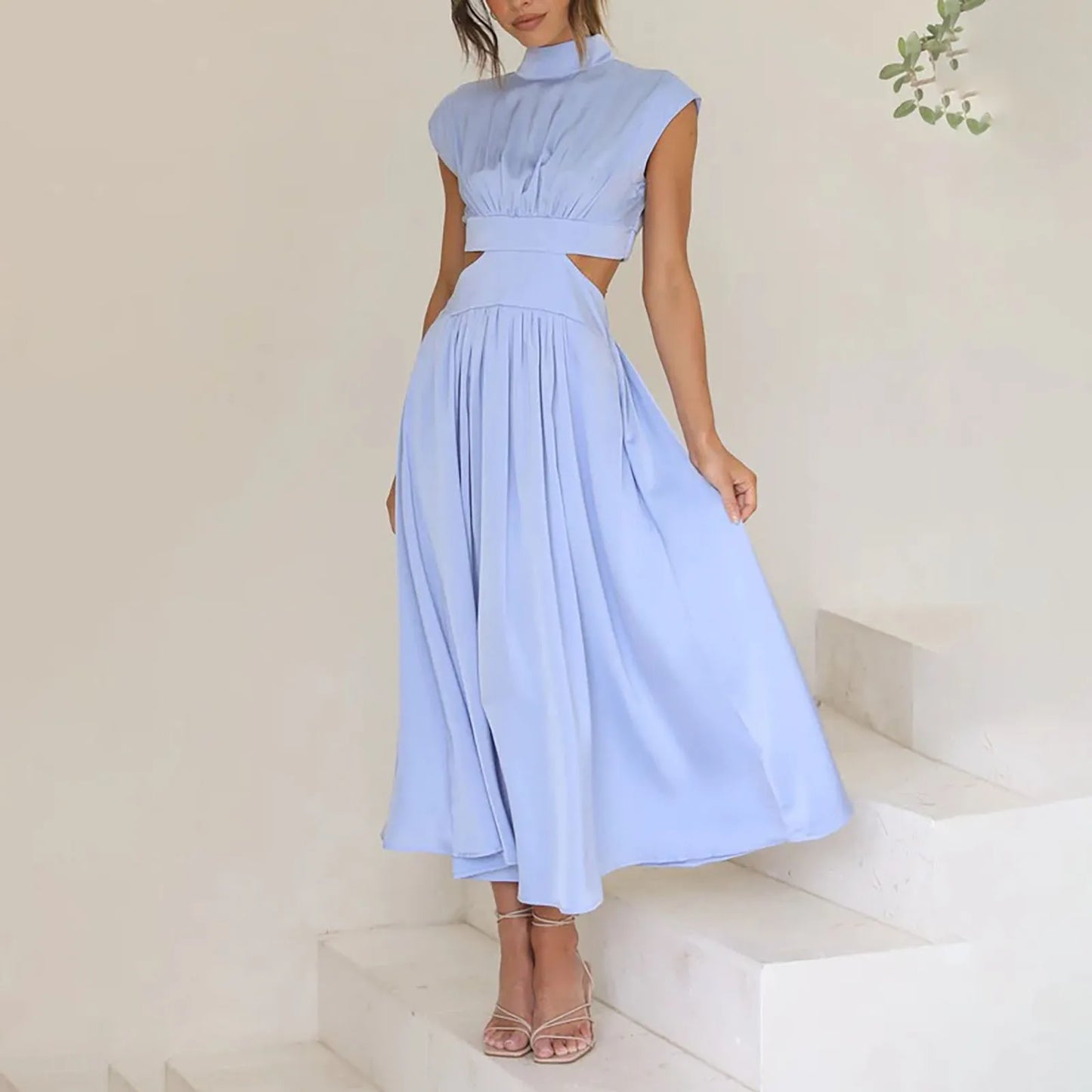 Women's Solid Color Basic Fashion High Waist Hollow Out Sexy Casual Streetwear High Neck Sleeveless Pocket Open Waist Maxi Dress