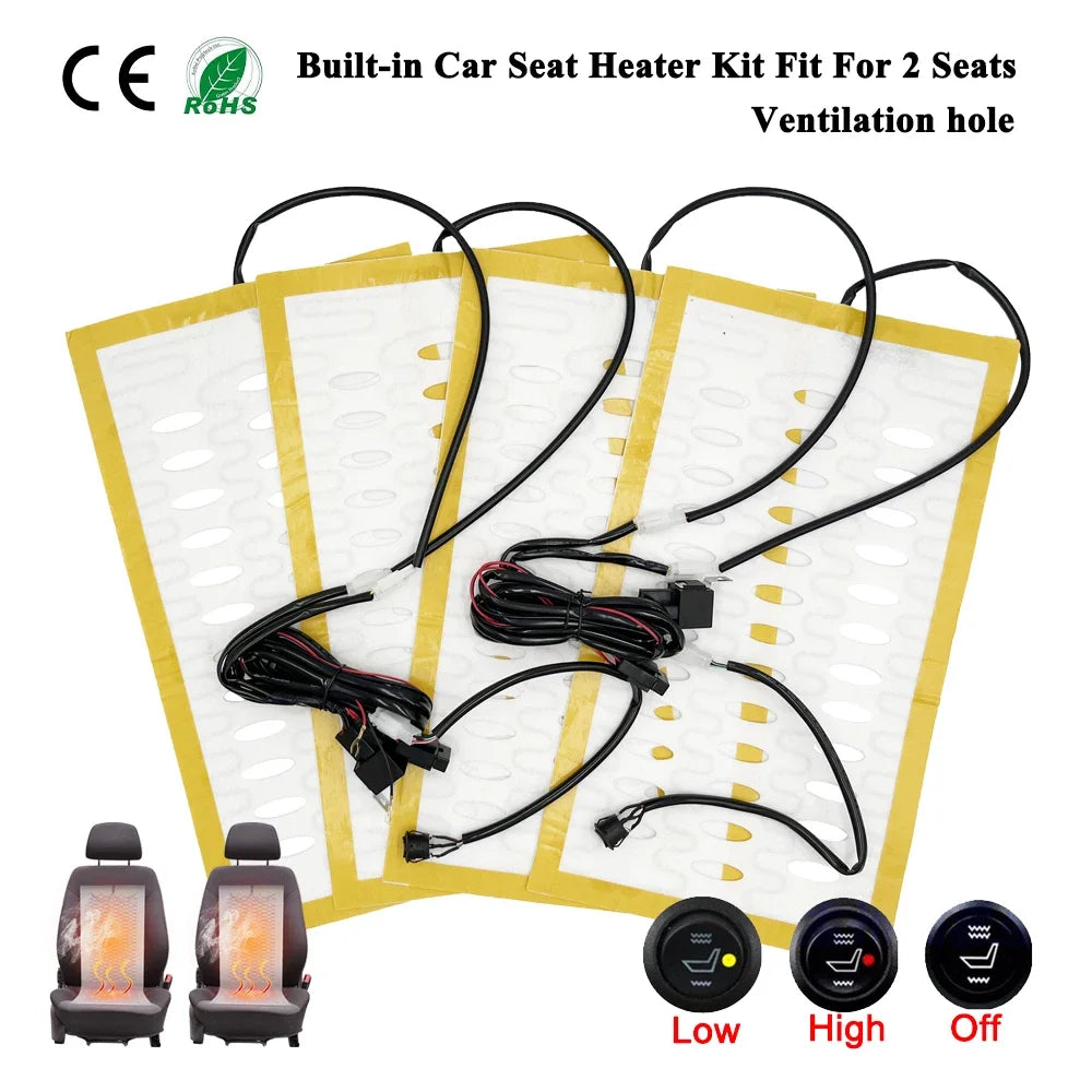 Universal 12V Built-in Car Seat Heater Kit with Hi /Lo 2-Level Switch and 25W Alloy Wire Fast Heating Pads with Ventilation Hole