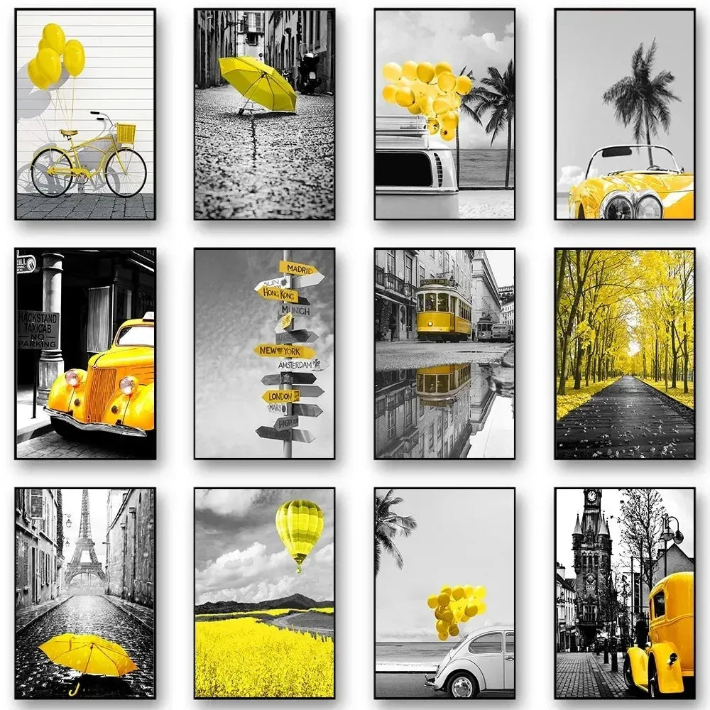 Black and White Europe Landscape Picture Home Decor Nordic Canvas Painting Wall Art Yellow Scenery Posters for Living Room Decor