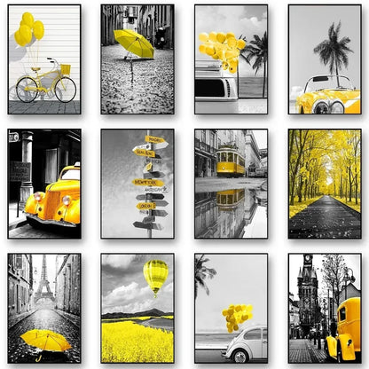 Black and White Europe Landscape Picture Home Decor Nordic Canvas Painting Wall Art Yellow Scenery Posters for Living Room Decor