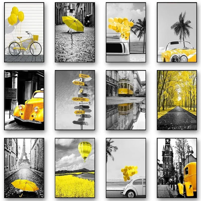 Black and White Europe Landscape Picture Home Decor Nordic Canvas Painting Wall Art Yellow Scenery Posters for Living Room Decor