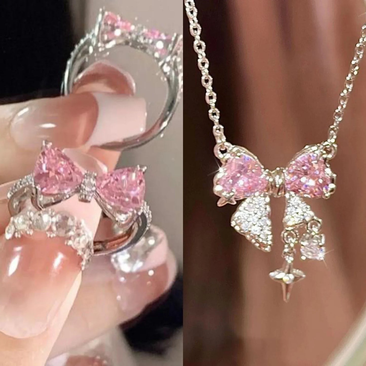 Collier pendentif nœud papillon en cristal rose féérique, style Y2K, chaîne clavicule cœur strass, bijoux femme, cadeau
