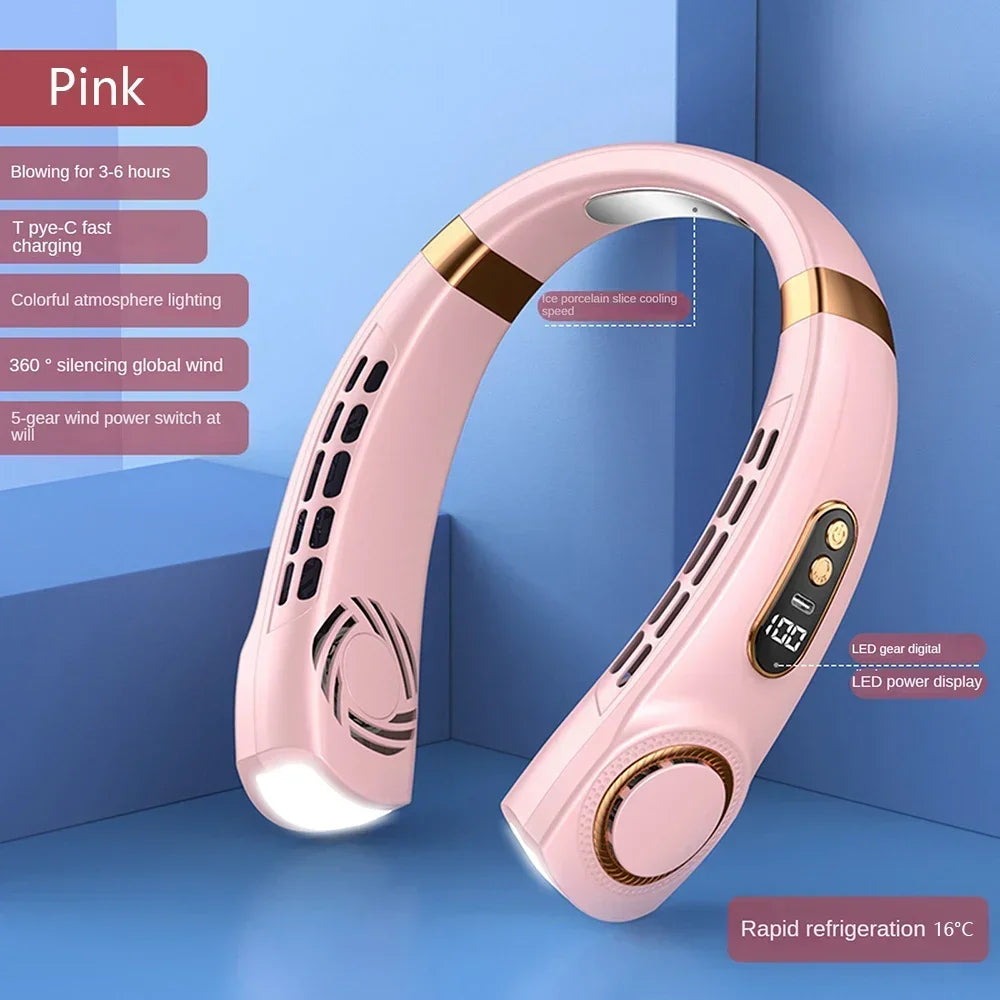 Portable Neck Fan, Leafless Mini Electric Fan with LED Lights 5 Gear Air Cooling Fan, USB Rechargeable Mute LED Digital Display