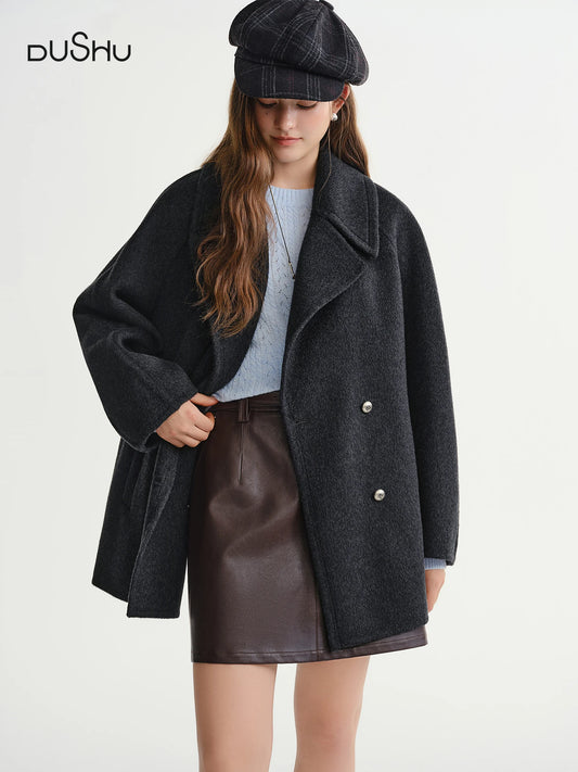 DUSHU Plus Size Women's Wool Tweed Coat 2025 Winter New Arrival | Icelandic Encounter Collection Short Coat 100% Wool Jackets
