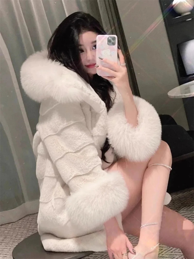 Winter New Environmentally Friendly Rabbit fur fur Coat Women Imitation fox fur Collar Hooded mid Length Fur Plush Mink fur Coat