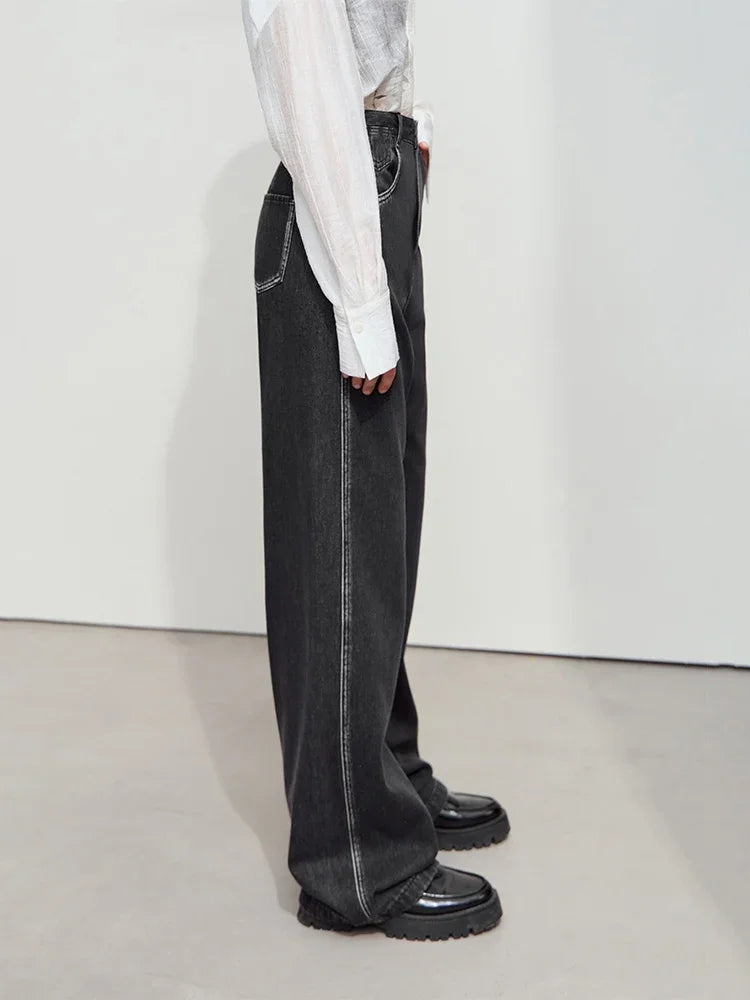 Amii Minimalist Solid Casual Lazy Loose Cotton Drape Wide-leg Pants 2025 Spring New Distressed Black Denim Trousers 12551019