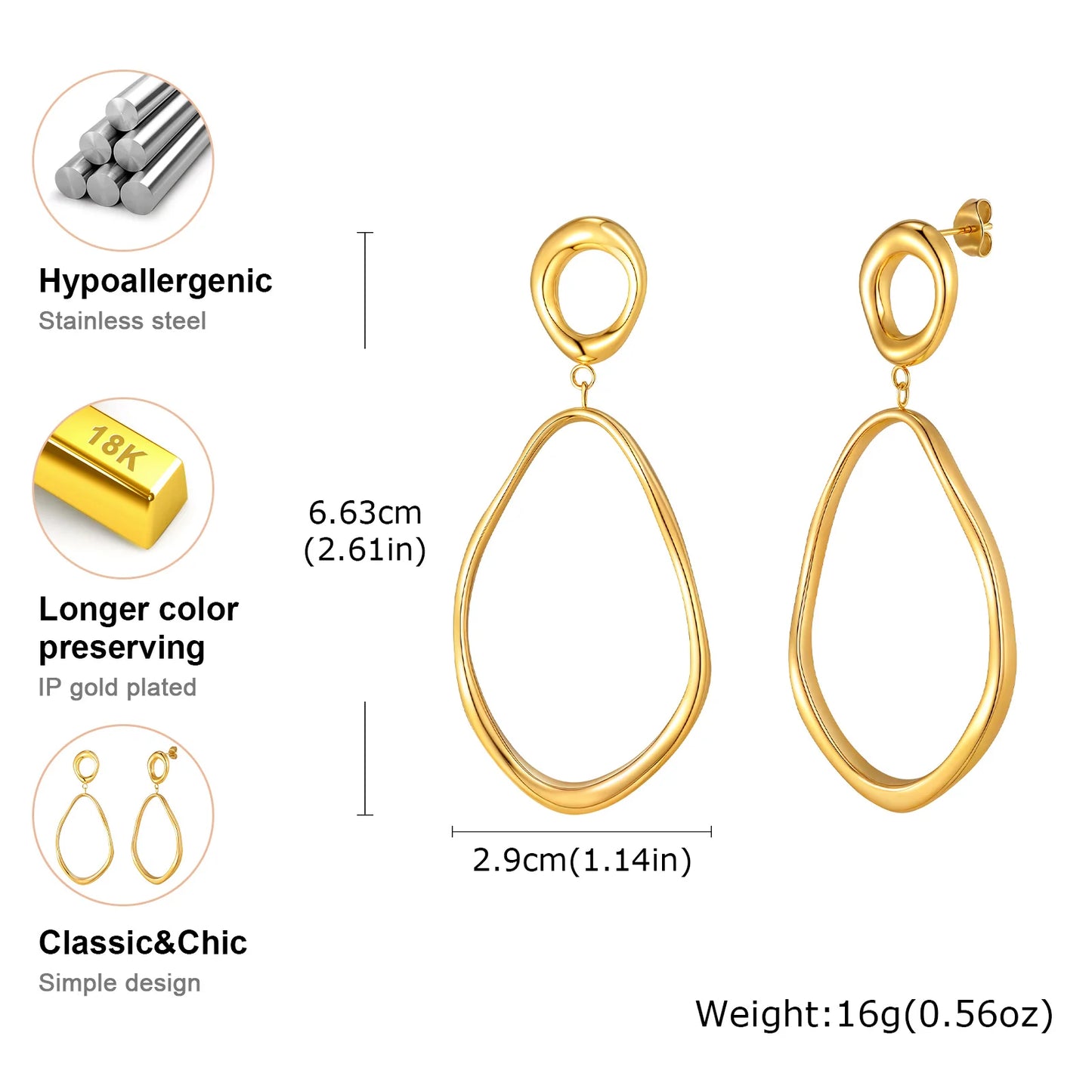 Geometric Irregular Lines Oval Drop Earrings, Minimalist Stainless Steel 18K Gold Plated Earrings,Trendy Party Jewelry for Women