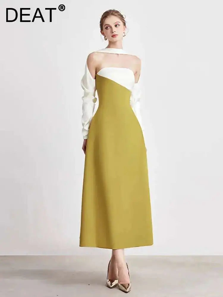 DEAT Elegant Dress Strapless Off Shoulder Contrast Color Asymmetric Women's Party Halter Dress 2026 Spring New Fashion 13DB4516
