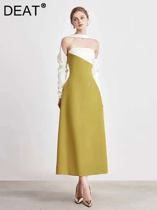 DEAT Elegant Dress Strapless Off Shoulder Contrast Color Asymmetric Women's Party Halter Dress 2026 Spring New Fashion 13DB4516