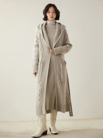 Luxury Women's Autumn Winter 100% Cashmere Sweater Knit Cardigan Thicked Hooded Casual Style Raglan Sleeves Knitted Lace Up Coat