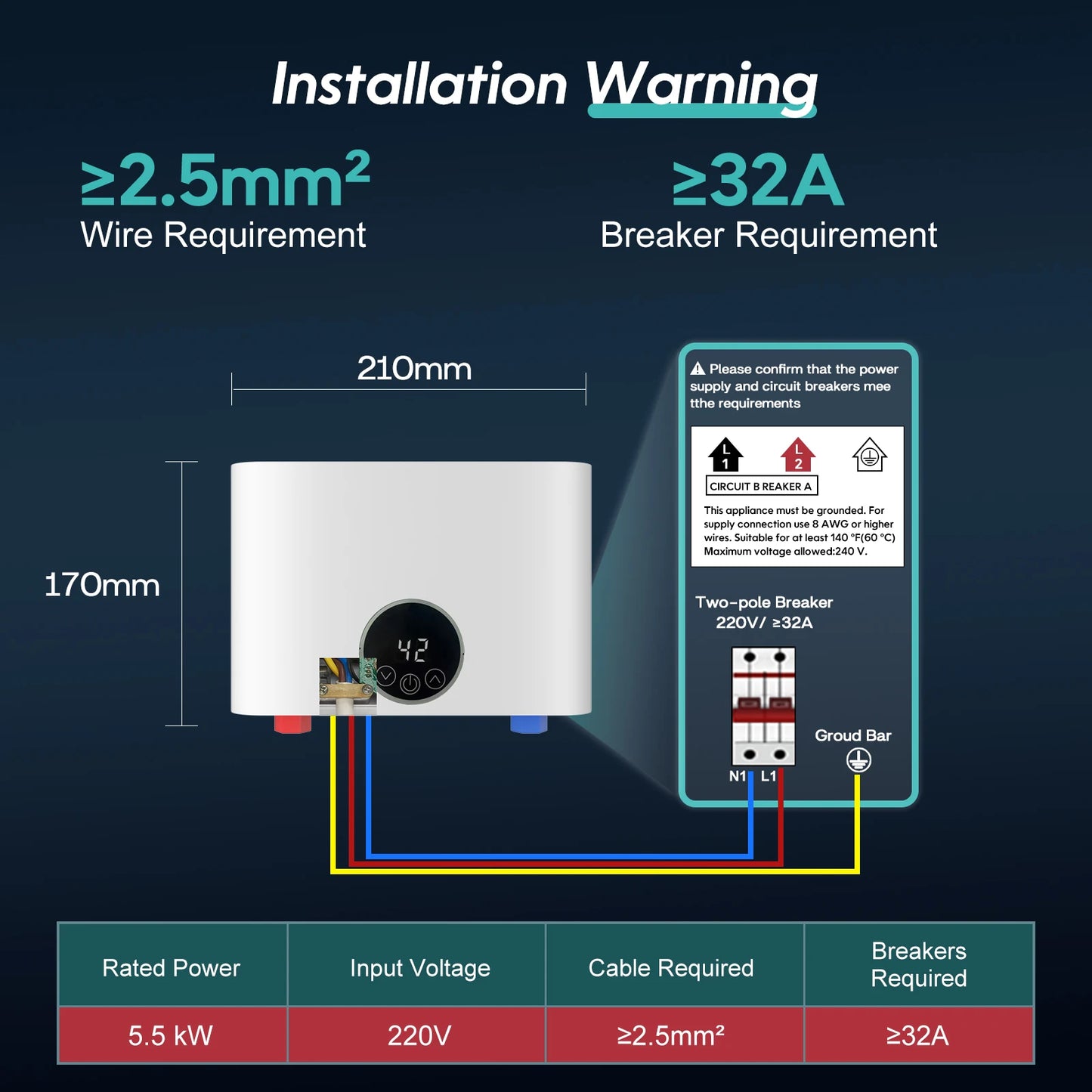 220V Electric Tankless Instant Water Heater Wall Mounted LED Display 5500W Geyser chauffe eau Under Sink Bathroom Kitchen Shower