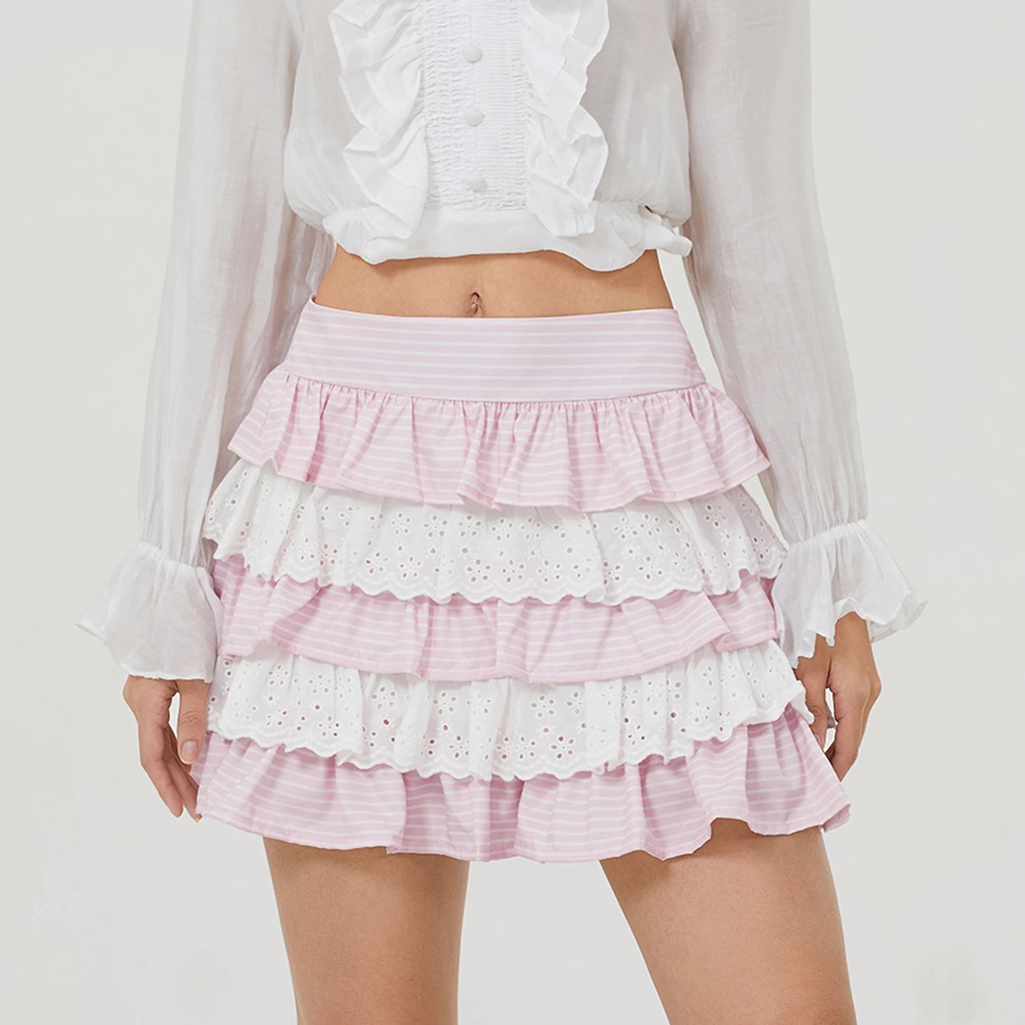 Striped Lace Ruffles Layered Mini Skirts Women Lolita High Rise Tiered A-Line Skirt School Uniforms Streetwear Aesthetic Clothes