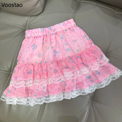 Pink Japanese Sweet Lolita Style Mini Skirt Women Kawaii Cartoon Bunny Bear Print Lace Cake Skirt Y2k Cute Skirts Faldas Mujer