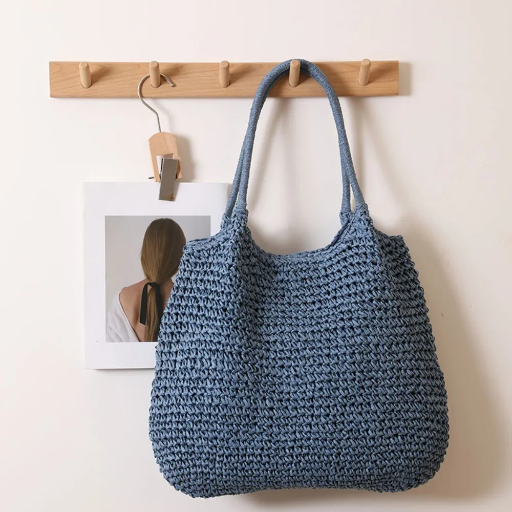 Fashion Straw Tote Bag Woven Solid Color Beach Bag Large Capacity Square Casual Shoulder Bag