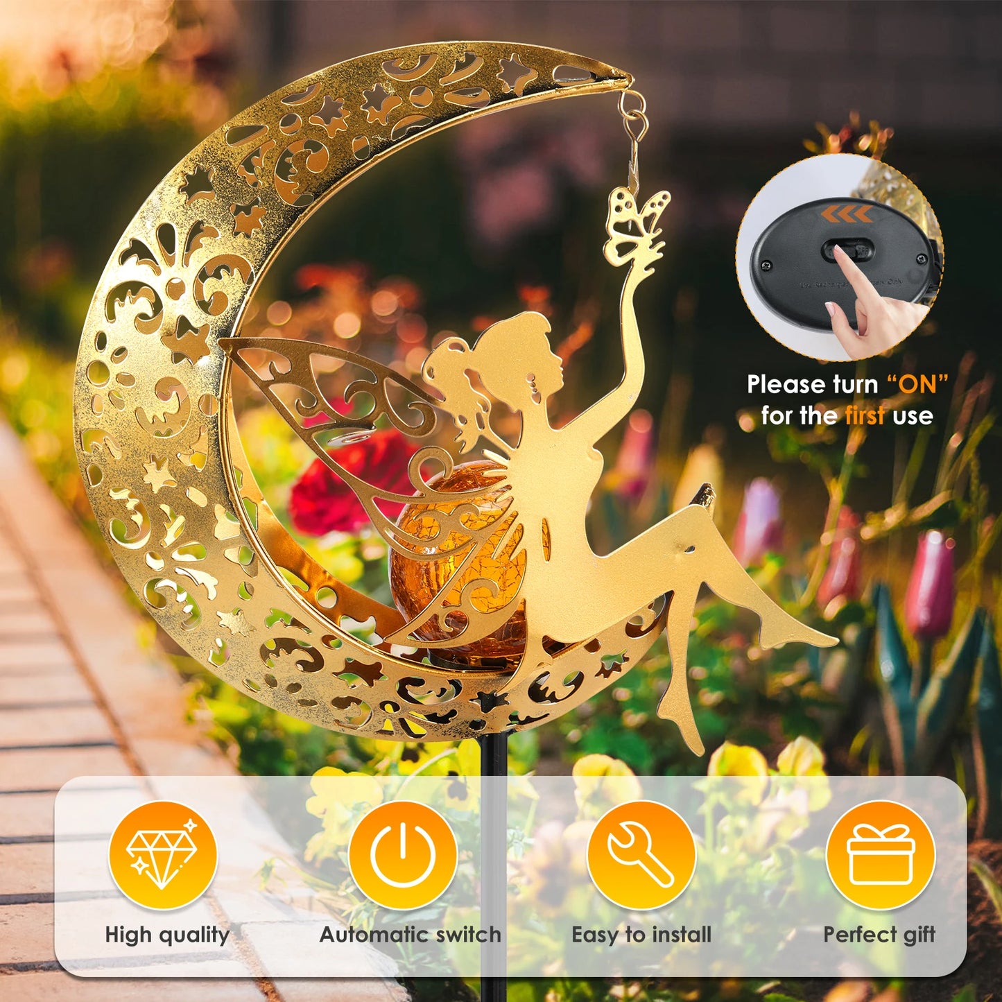 Solar Garden Lights Moon Fairy Crackle Glass Stake Lights Waterproof Warm White LED Metal Decorative Lights Outdoor Pathway