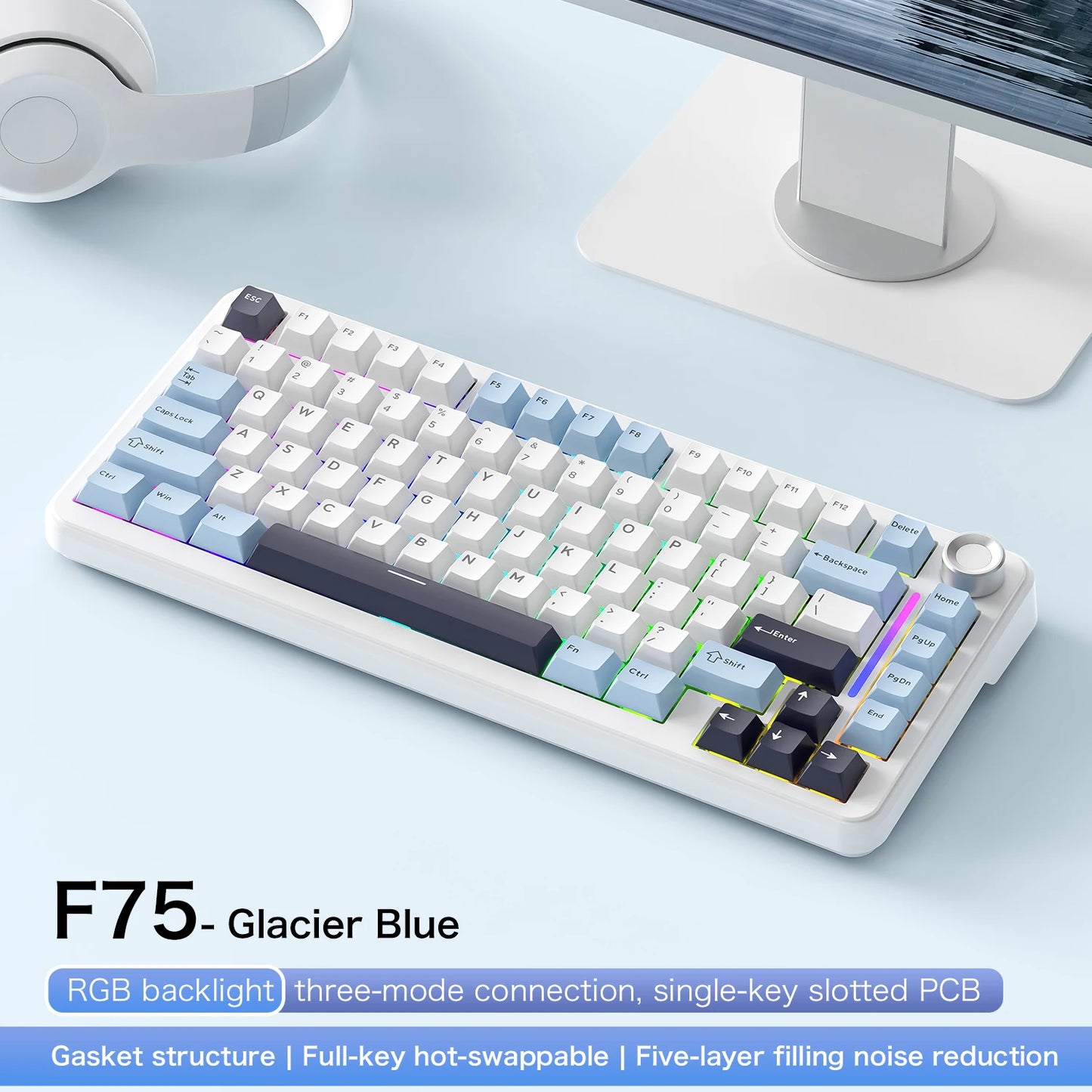 75% Hot Swap Gaming Keyboard Wireless FREEWOL F75 RGB Mechanical Keyboard with Metal Knobs AULA F75 Same Model,Tri-Mode,4000 mAh