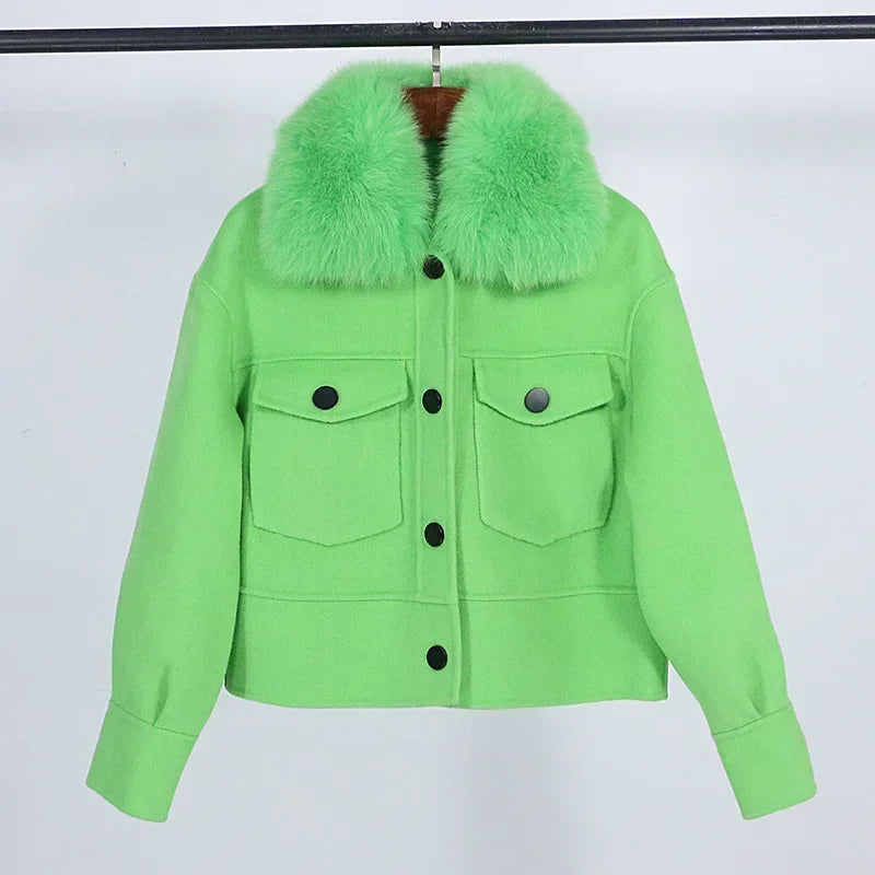 Wool Women Fur Coat New Autumn Winter Real Fox Fur Collar 10% Cashmere 90% Wool Fur Jacket Short Casual Loose Wool Coat