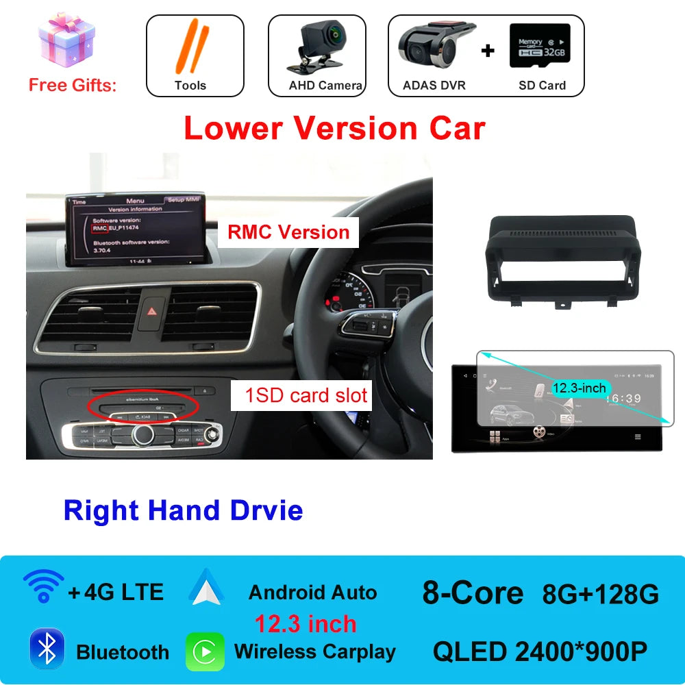 Car Radio Navigation GPS Multimedia Video Player Tools For Audi O3 2013-2018 Right Hand Drvie Android 16 Auto Carplay 12.3"