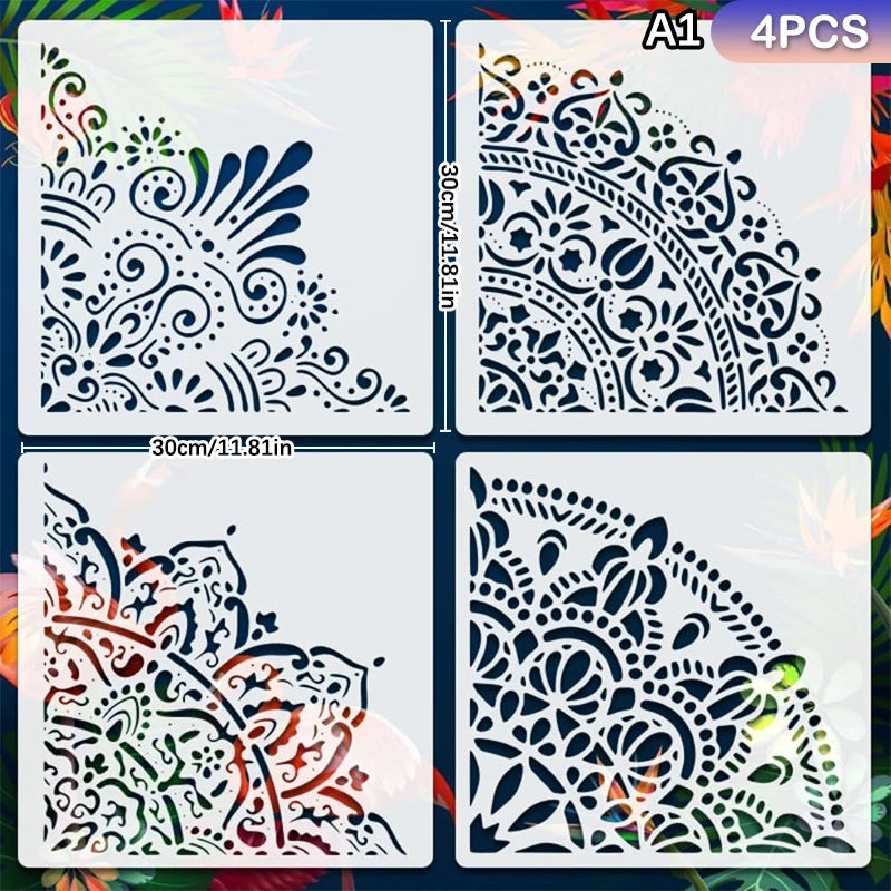 Decorative Mandala Stencils: Reusable PET Templates for Home Painting; Ideal for Wall, Floor, and Fabric Decor