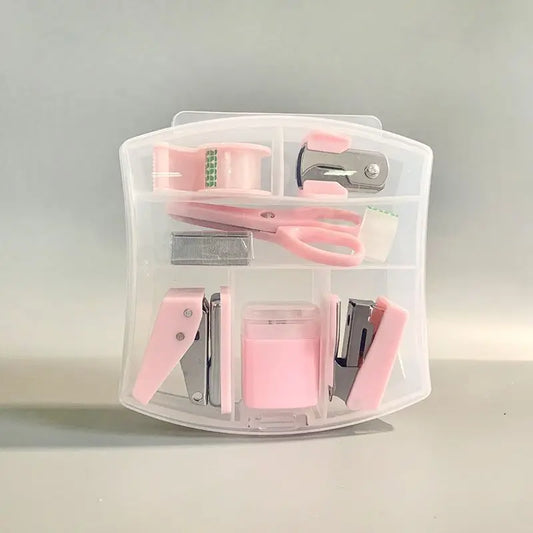 8 PCS Mini Office Supplies Set with Portable Case - Including Scissors Tape Box Pencil Case Puncher and Staples