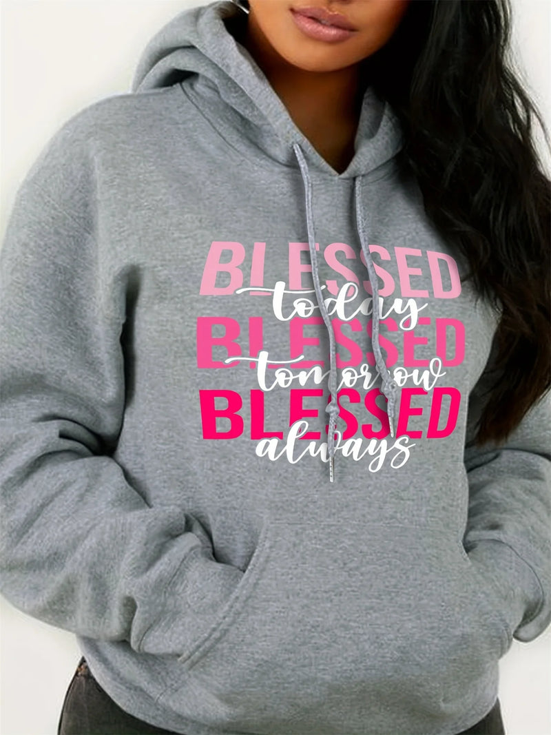 Women's casual fashion hoodie sweatshirt blessed letter print round neck long sleeved autumn and winter warm regular version