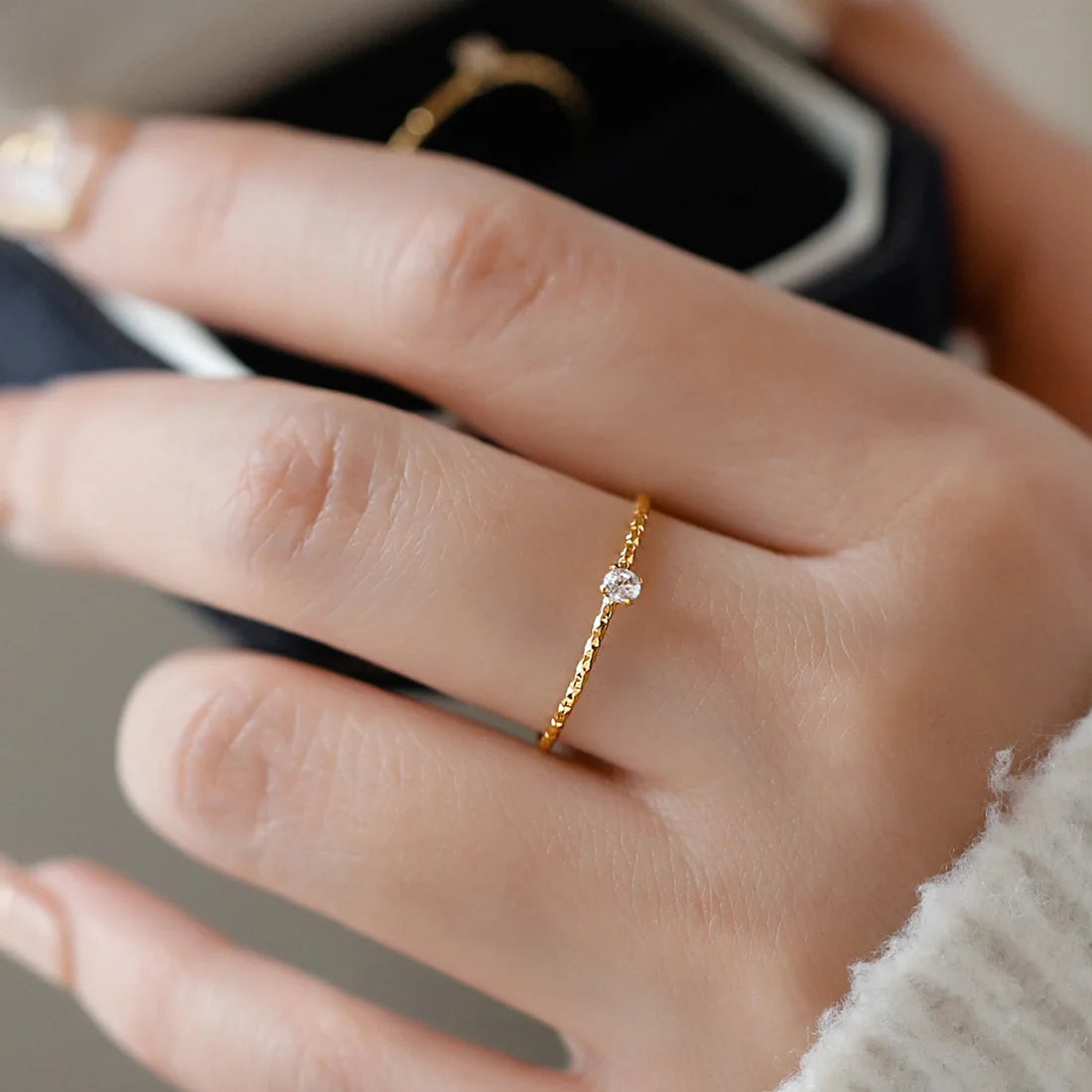 Ultra Thin Mini Ring for Women, Single Zirconia Gold Plated Stainless Steel, Hypoallergenic Dainty Minimalist Jewelry