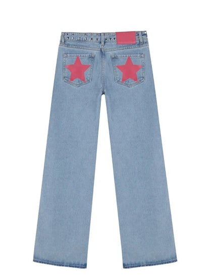 Y2K Vintage Jeans Women High Waisted Denim Pants Five Pointed Star Print Harajuku Street Baggy Casual Straight Leg Trousers