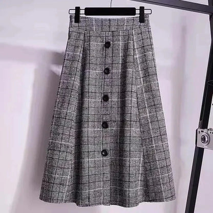 Large Size Women's Autumn Winter Elastic Waist A-line Skirt Woman Skirts Faldas Jupe Korean Retro Plaid Mid-Long Skirts Size 4XL