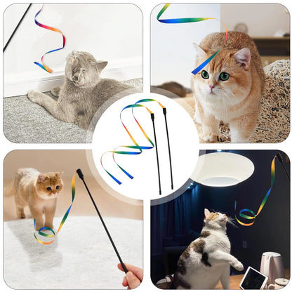 Interactive Coloured Ribbon Cat Toys Teasing Catd Stick Satin Ribbon Cat Stick Toys Kitten Playing Teaser Wand Toy Pet Supplies