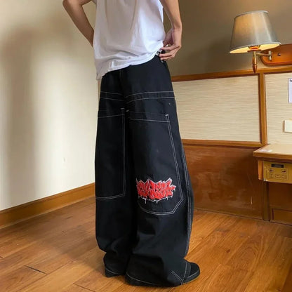 Y2K Baggy Jeans Women Cartoon Characters Embroidered Light Blue Washed Denim Jeans Harajuku Goth Skateboard Pants Street Clothes
