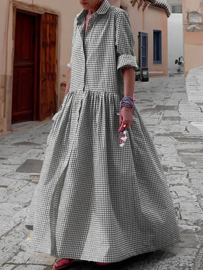 Fdey 2024 New Spring Autumn Long Sleeve Loose Button Casual Maxi Dresses Woman Korean Fashion Plaid Pleated Lapel Shirts Dress