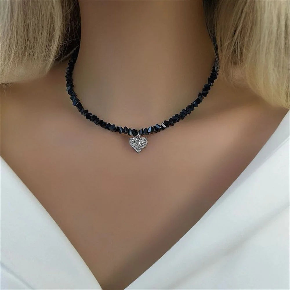 Collier pendentif cœur en zircon et pompons style vintage pour femme, style bohème géométrique baroque, chaîne en cristal transparent