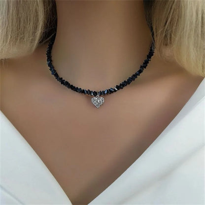 Collier pendentif cœur en zircon et pompons style vintage pour femme, style bohème géométrique baroque, chaîne en cristal transparent