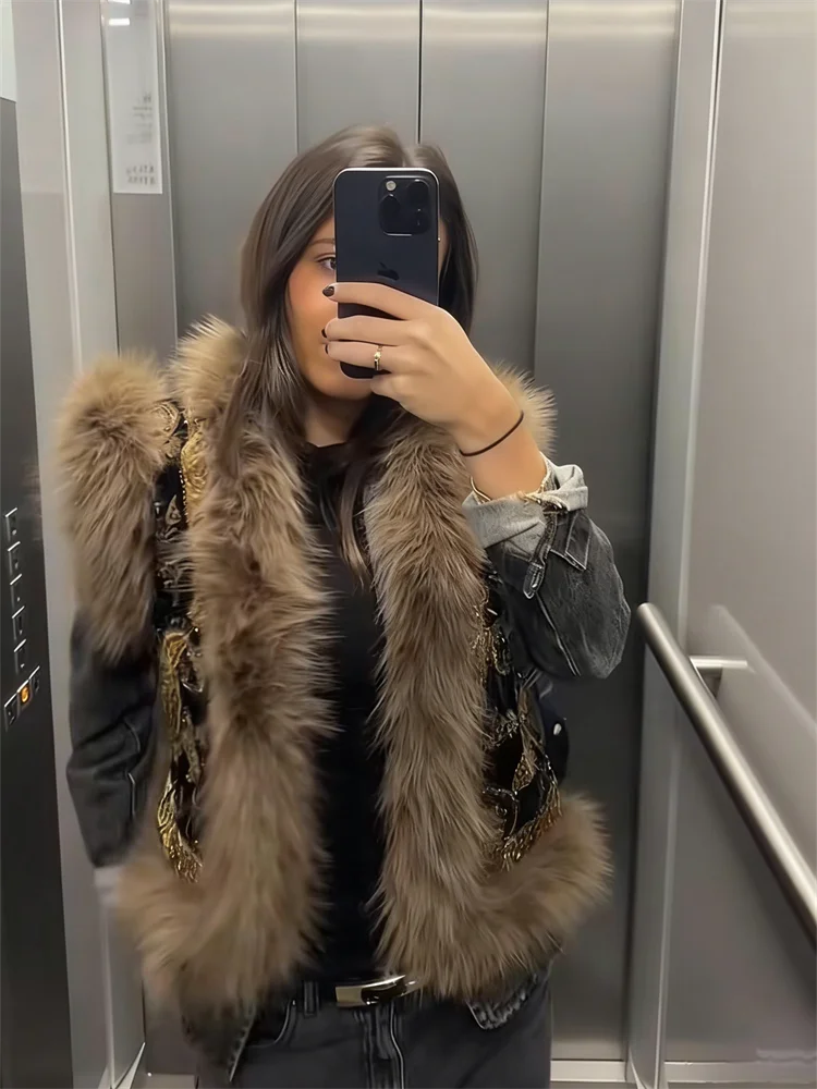 Women's Vintage Paisley Pattern Sleeveless Vest With Raccoon Fur Trim Fashion Waistcoat Outerwear 2025 Autumn Winter Streetwear