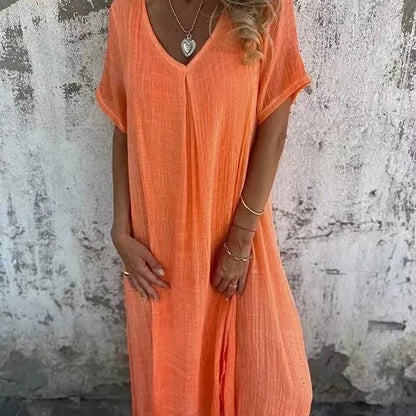 Women's Short-sleeved Cotton and Linen Dress V-neck Loose Large Size Casual Vacation Street Thin Long Skirt