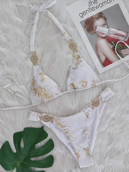 Bikinis Women White Snake Skin Print Rhinestone Micro Swimsuit 2025 Luxury Brazilian Push Up Beach Bathing Suit Thong Swimwear