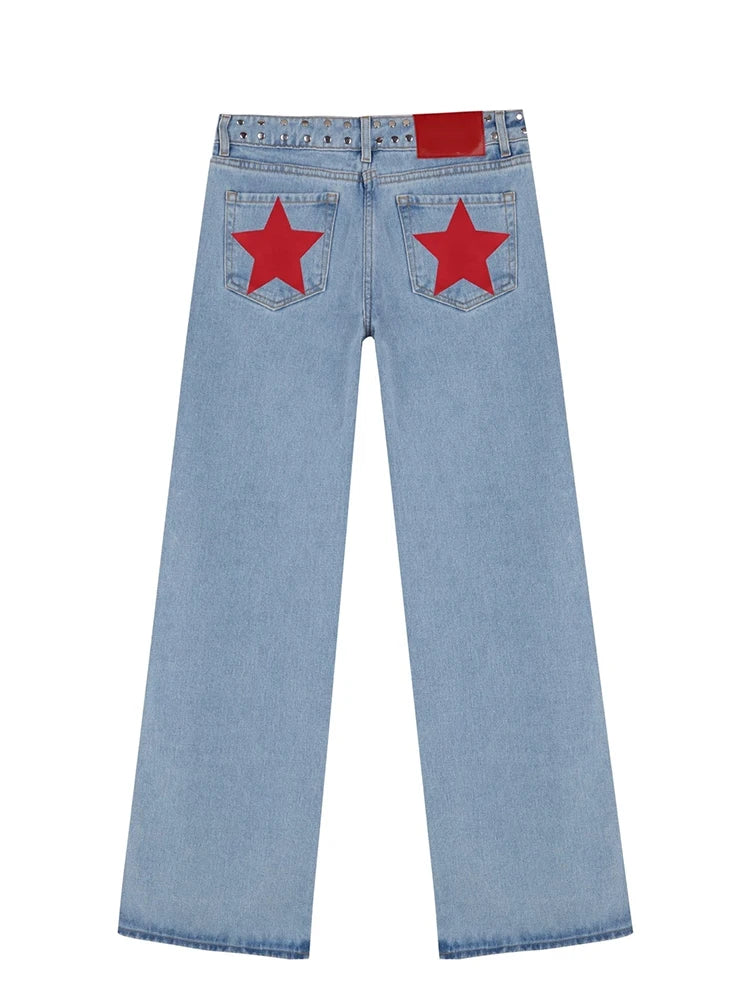 Y2K Vintage Jeans Women High Waisted Denim Pants Five Pointed Star Print Harajuku Street Baggy Casual Straight Leg Trousers