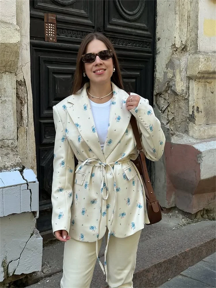 Elegant Floral Print Blazer Outerwear With Belt Women's Casual Lapel Long-Sleeve Shoulder Pads Jacket Loose Fit Outfit For Woman